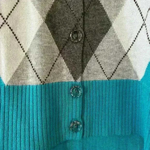 NWT New York & Company Teal Argyle Lightweight Button Down Sweater - Picture 7 of 9